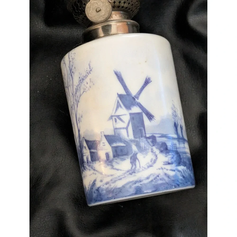 Vintage Baccarat Style Oil Lamp Blue White Windmill Scene Metal Top 4 In Tall
